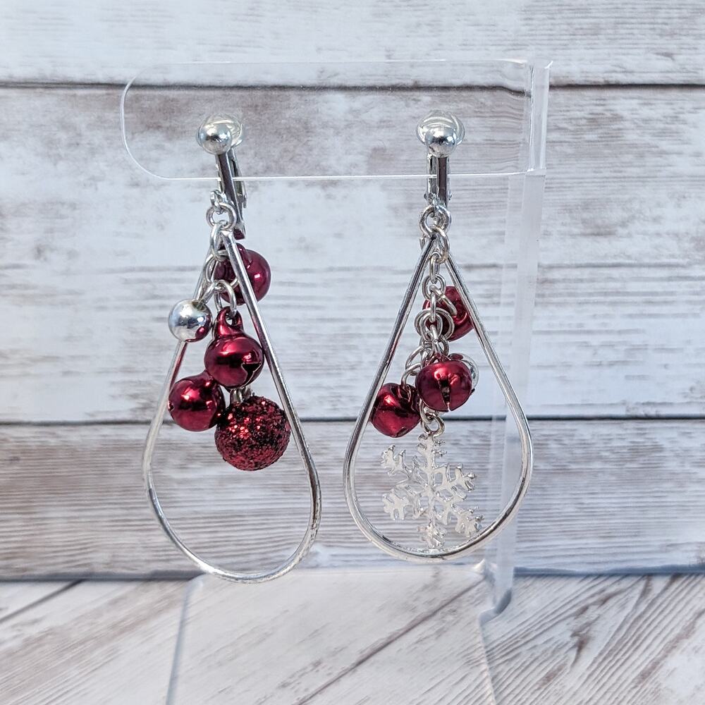 Vintage Clip On Earrings 2.5" Long Red & Silver Tone Statement Earrings